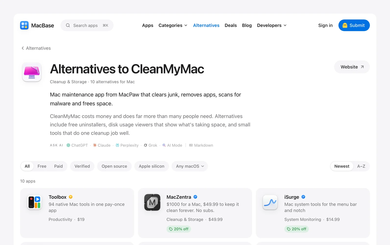 CleanMyMac alternatives on MacBase, with 10 apps and member deals