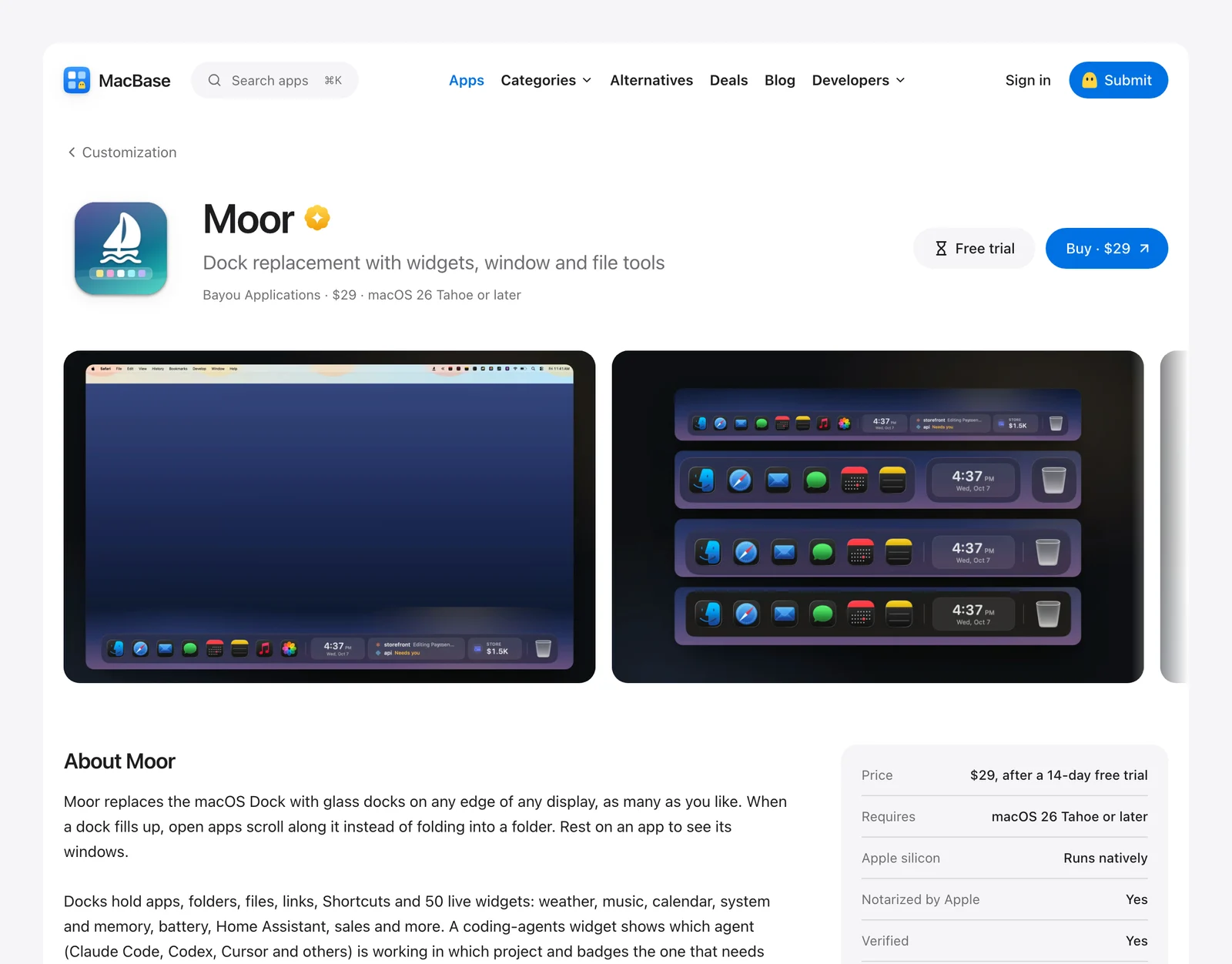 The page for Moor on MacBase, with its screenshots, description, price, macOS version and Apple silicon support