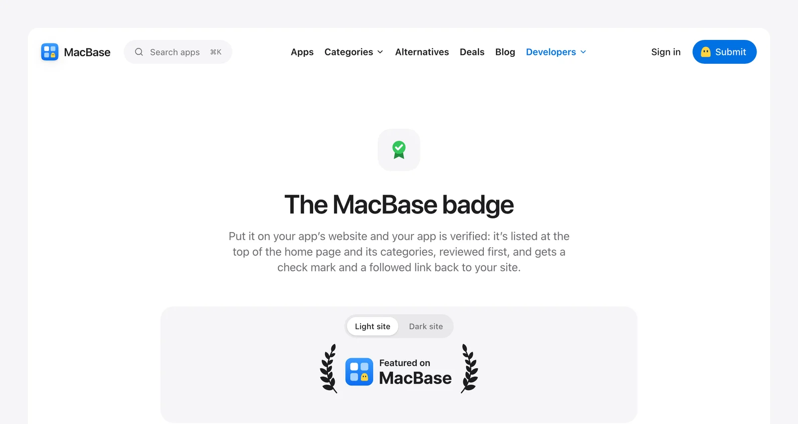 The MacBase badge page, showing the Featured on MacBase badge