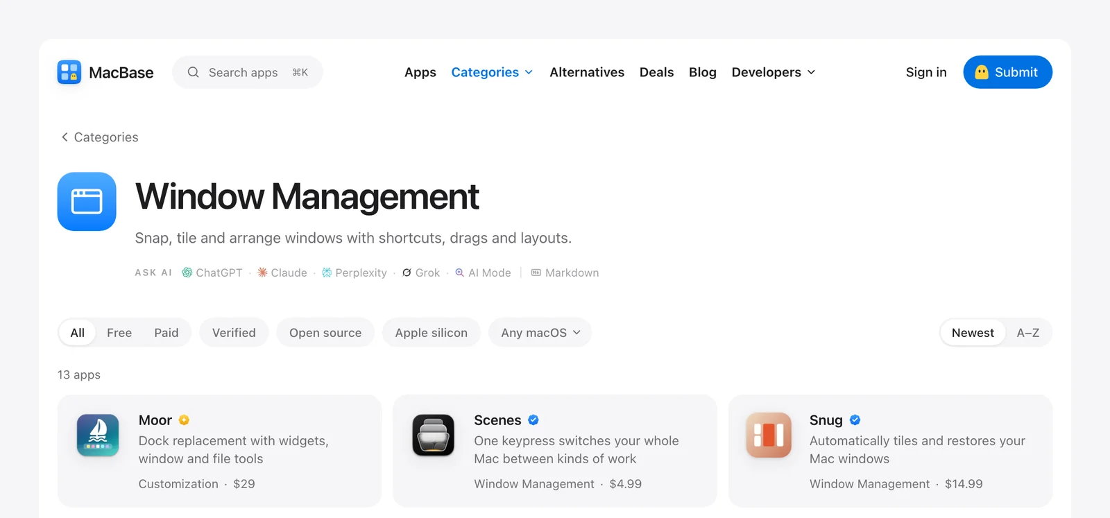 The Window Management category on MacBase, with filters above a grid of apps showing their prices